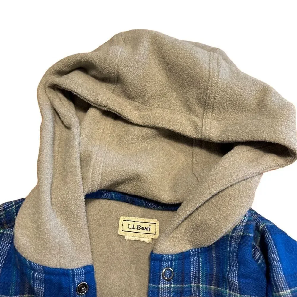 LL Bean Boys‎ Large Blue Plaid Flannel Hooded Jacket Casual Fall